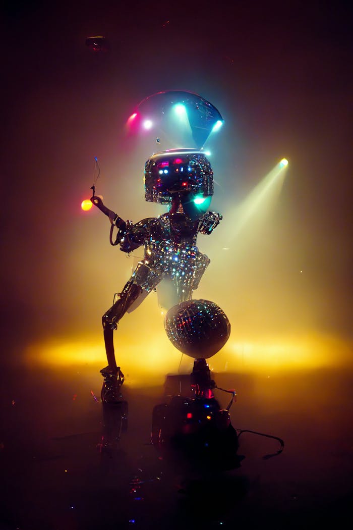 A sparkling robot performs on stage with vibrant disco lights creating a retro-futuristic ambiance.