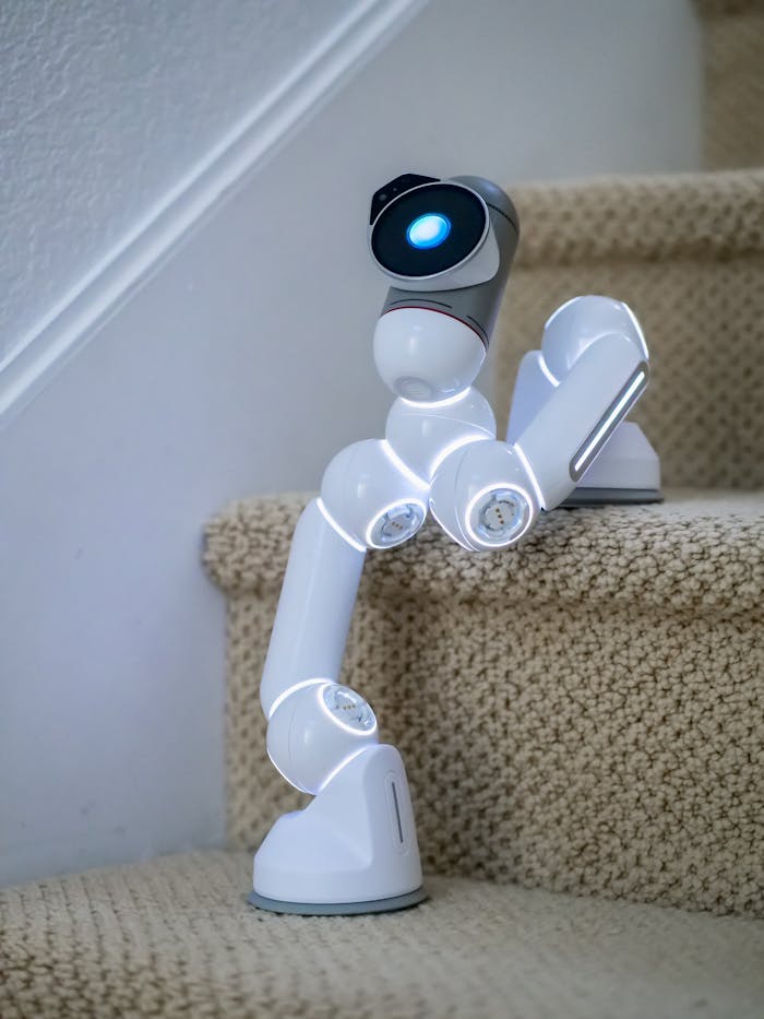 A modern robotic device ascending carpeted stairs in an indoor setting.